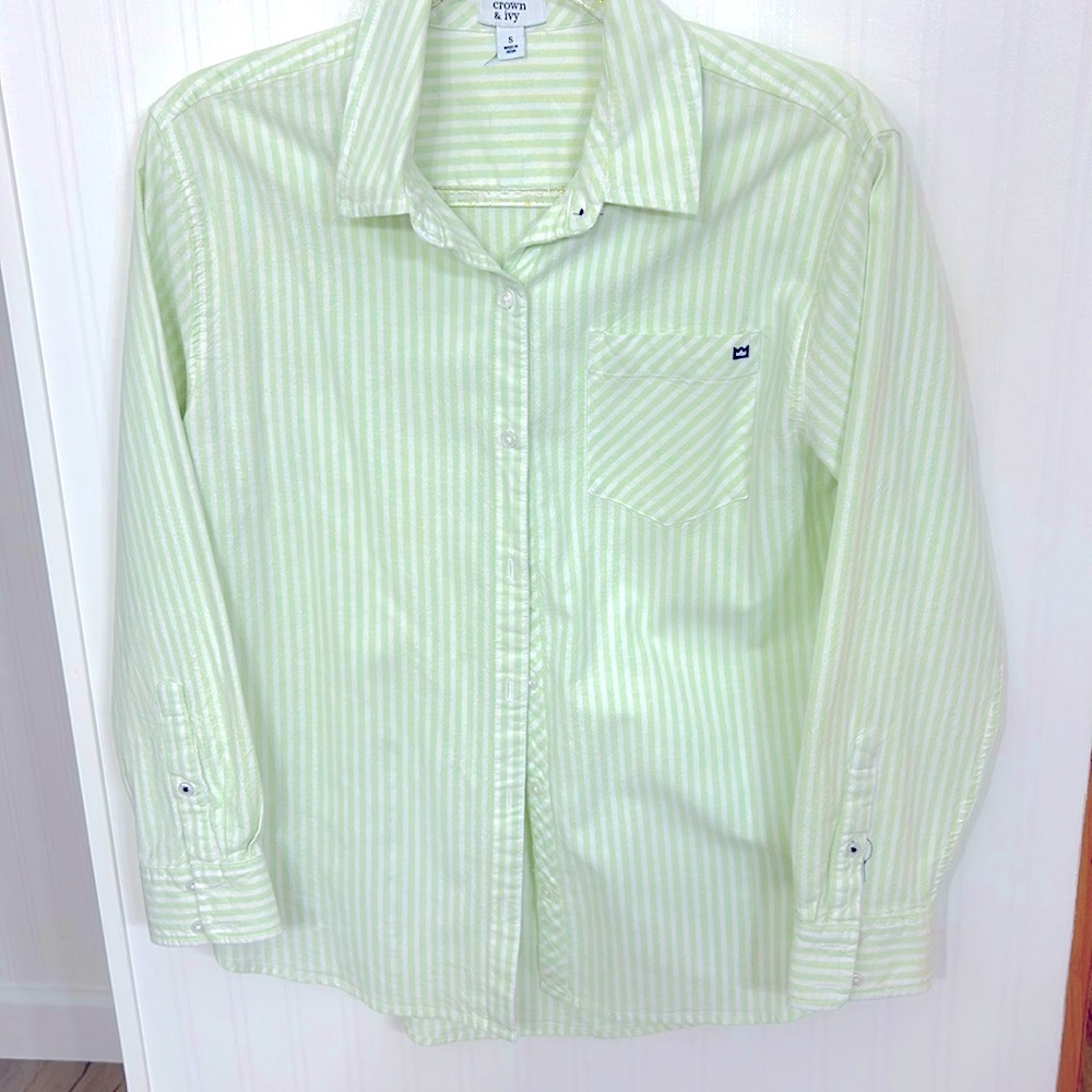 Green and white striped button up shirt